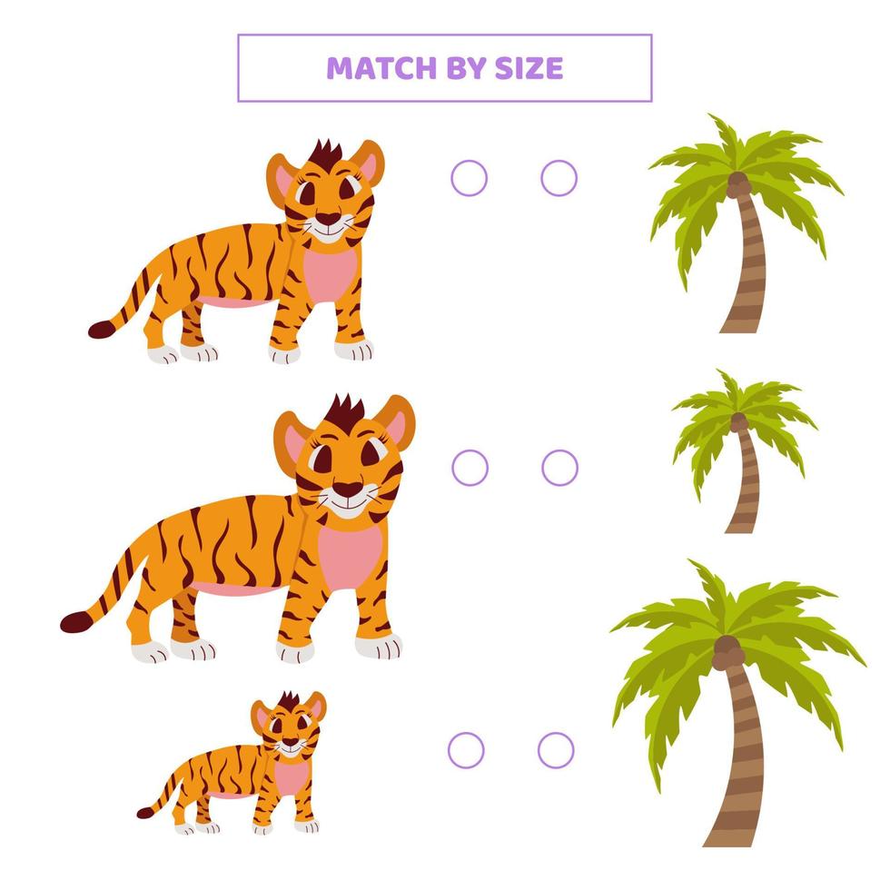Match by size for cartoon tigers and palms. vector