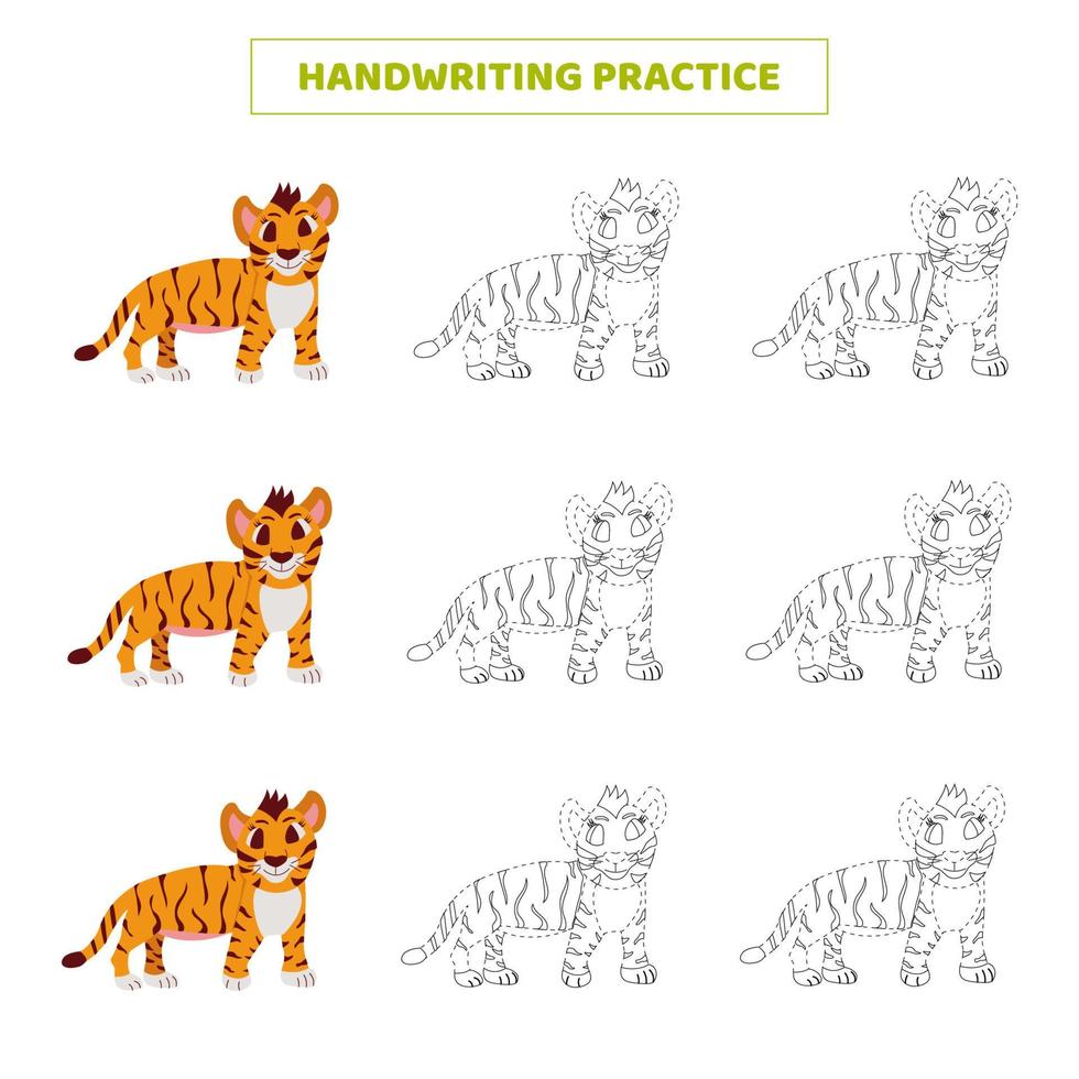 práctica de escritura a mano para niños con cachorro de tigre de dibujos animados. vector