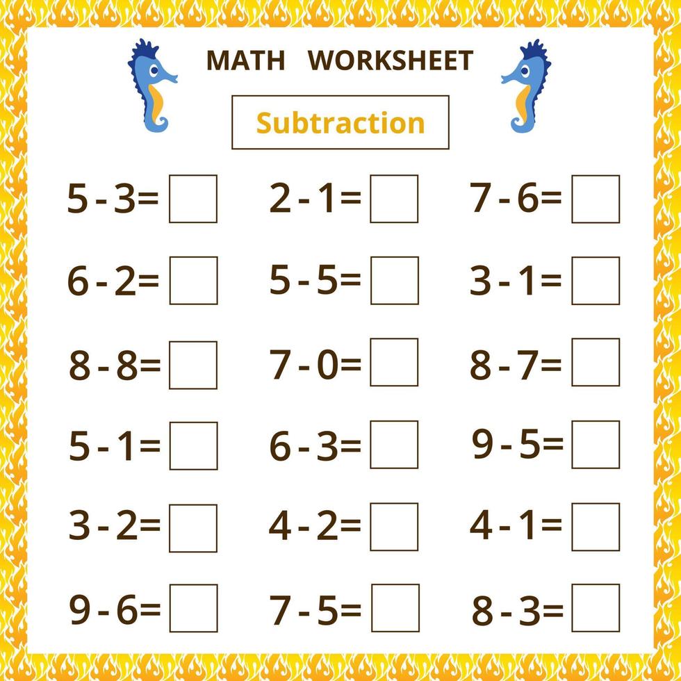 hoja de trabajo de matemáticas. resta. juego educativo para niños. vector