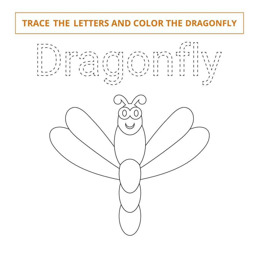 Trace the letters and color the dragonfly.Game for kids. vector