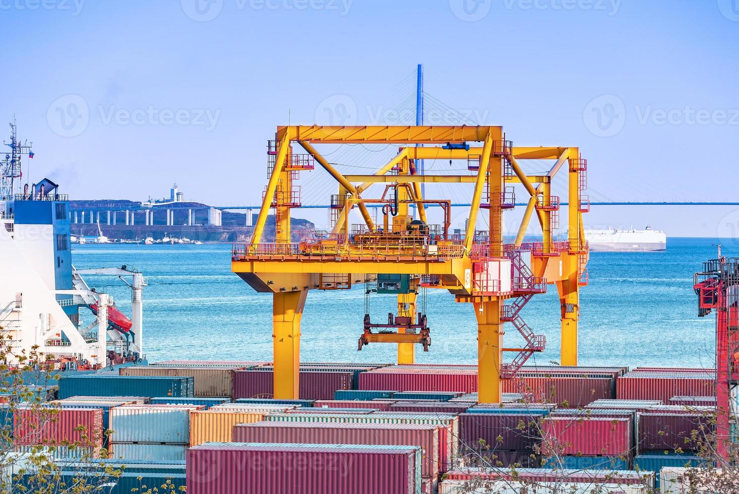 industrial sea port with containers and cranes photo