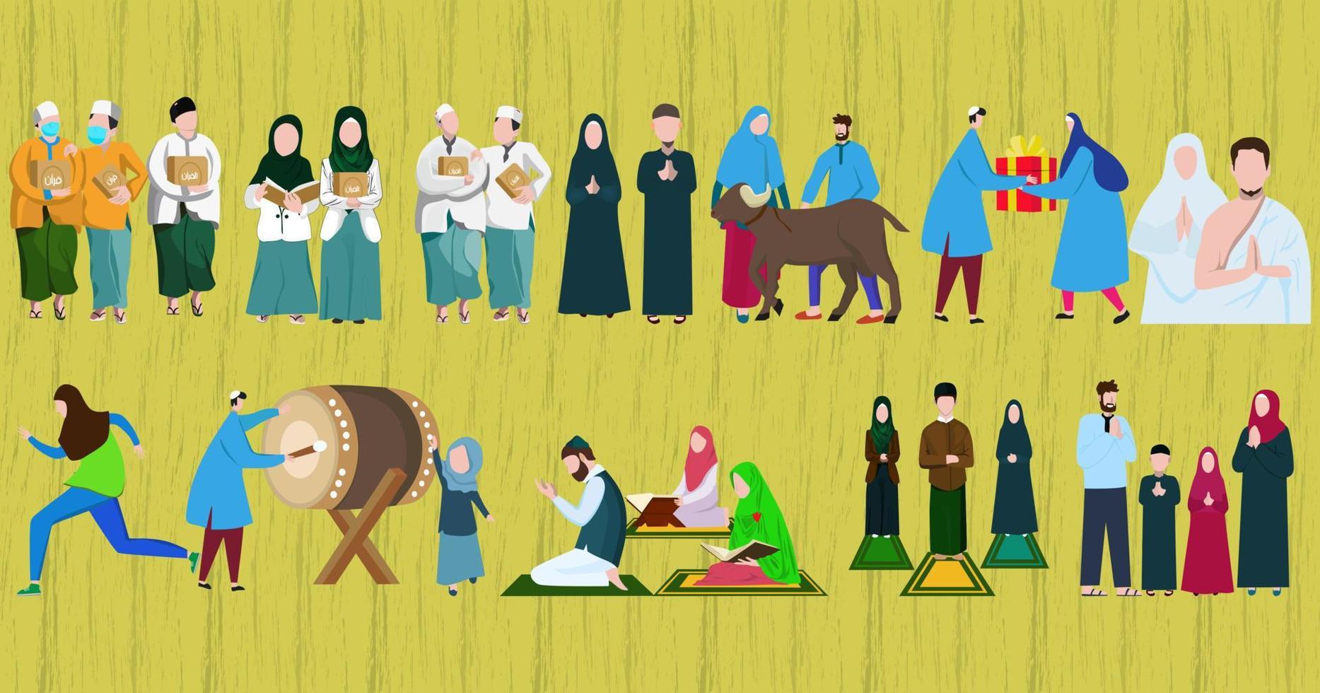 Set of different muslim cartoon characters on yellow background vector