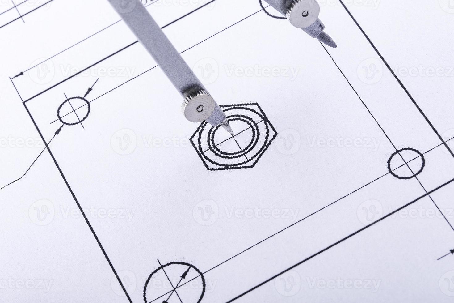 The Compasses in the drawings. Design and working drawings with compasses. selective focus photo