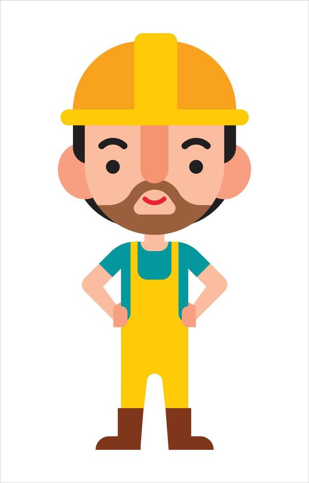 el personaje de dibujos animados lindo trabajador de la construcción usa casco de seguridad y traje con el brazo en la cintura. ilustración de diseño plano vector