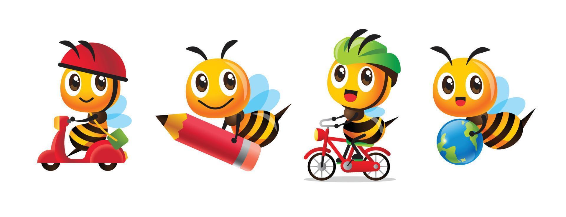 conjunto de colección de abejas de miel lindas de dibujos animados con diferentes poses, como andar en scooter, sostener lápiz y globo, andar en bicicleta. conjunto de caracteres vector