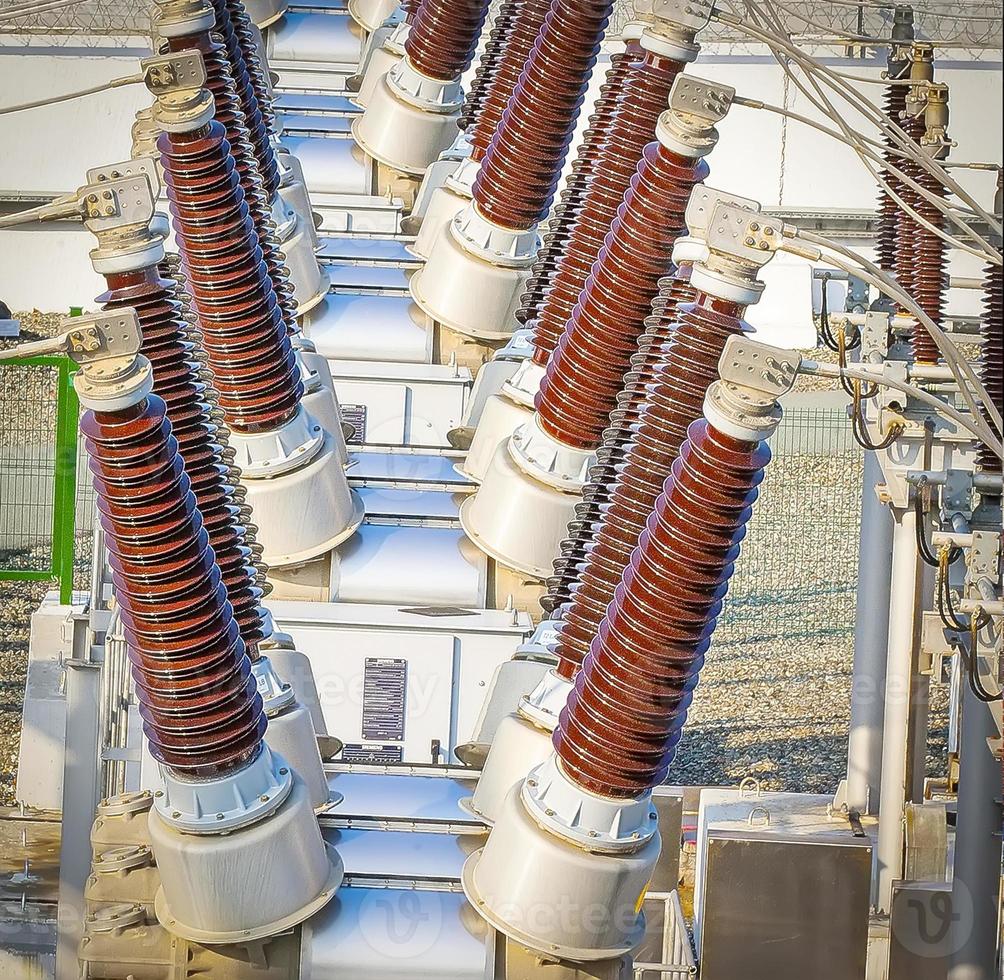 high voltage power transformer substation. Close up photo