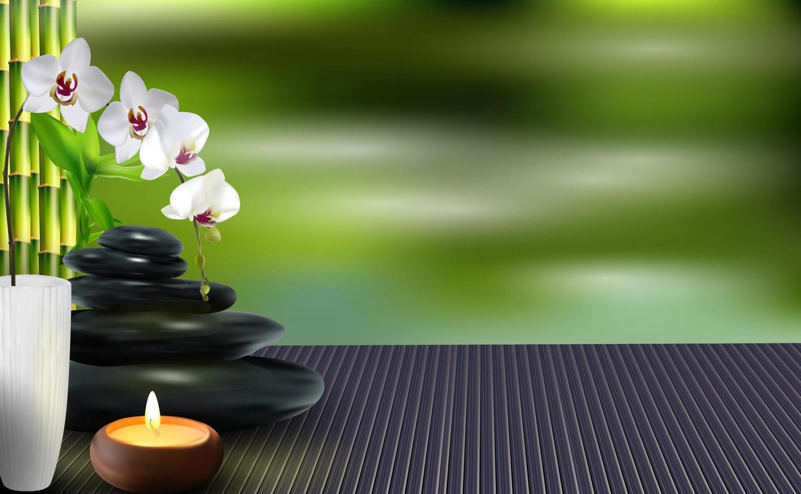 Stone, flower and bamboo on the table background. vector