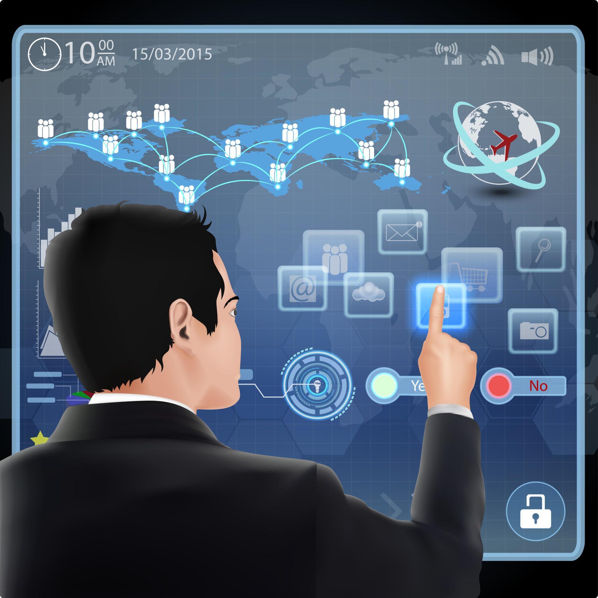 The businessman is pressing the button on the touch screen 5740179 ...