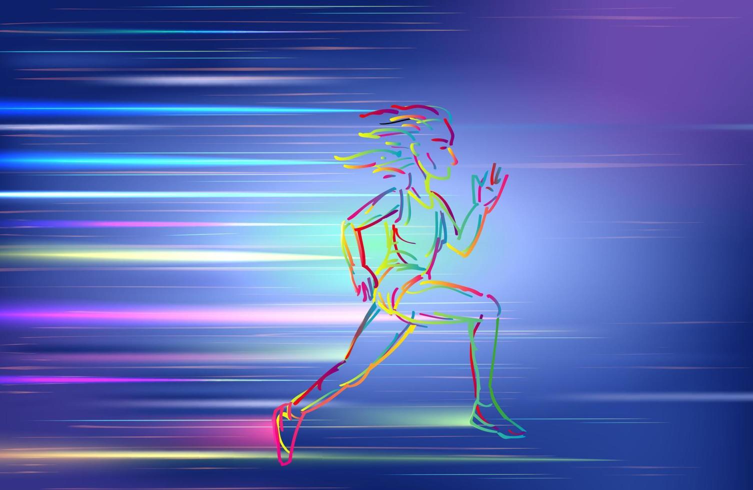 mujer corriendo, usando una colorida línea en zigzag sobre fondo azul vector