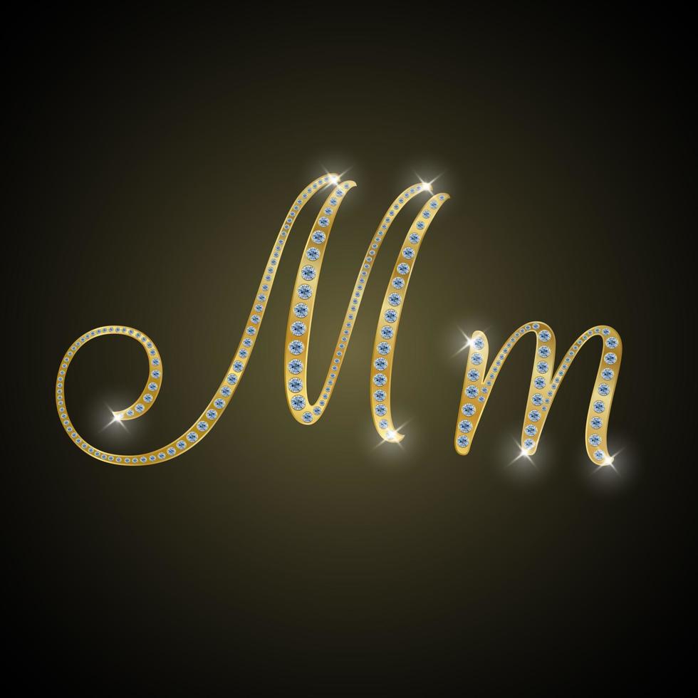 Shiny alphabet M of gold and diamond. Vector