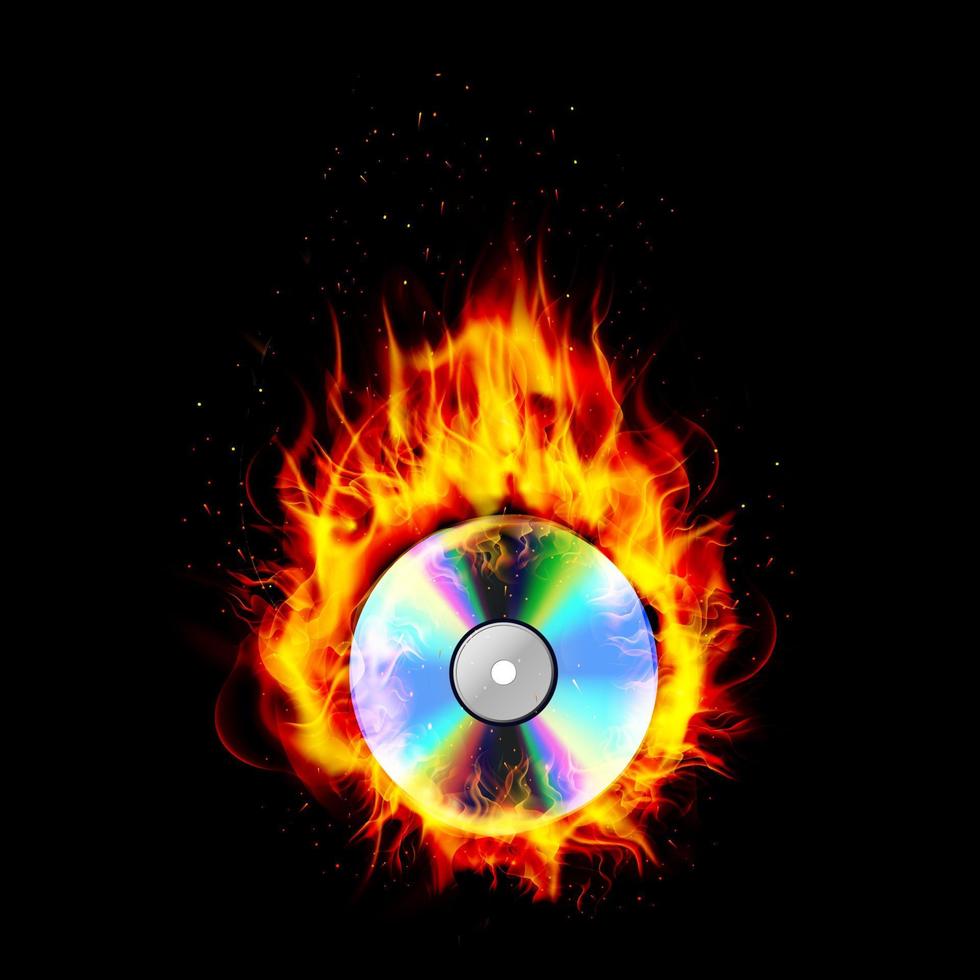 fuego quema cd fondo negro vector