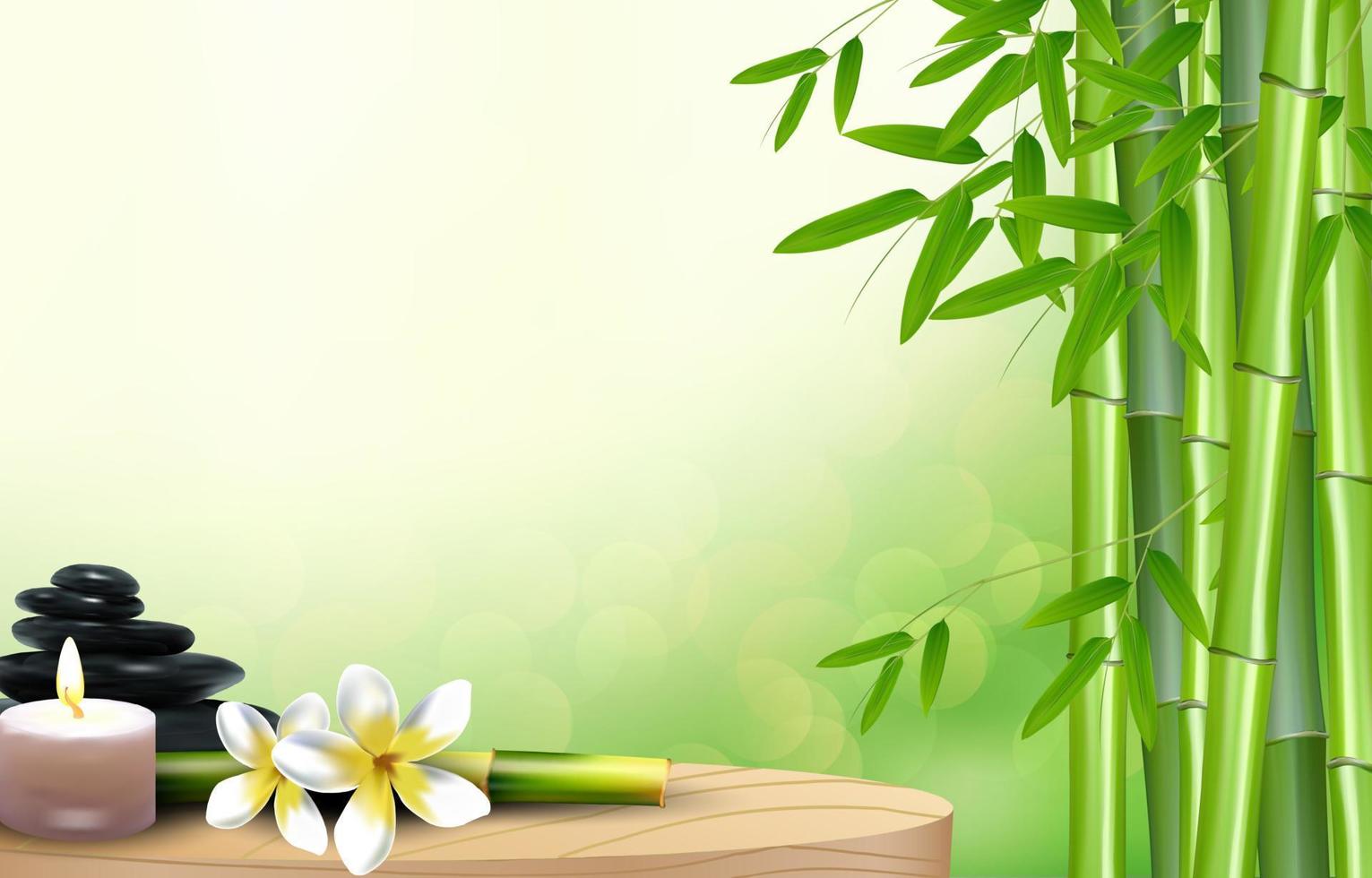 Bamboo, stone, flowers and wax background on the table. vector