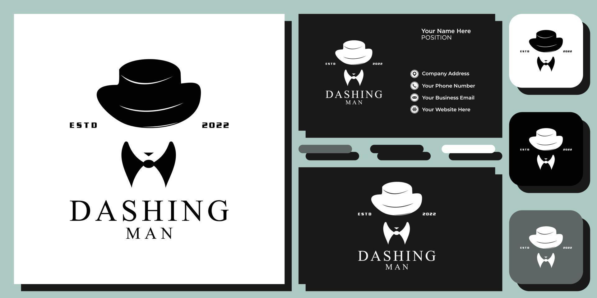 dashing man black hat tie beard handsome people with business card template vector