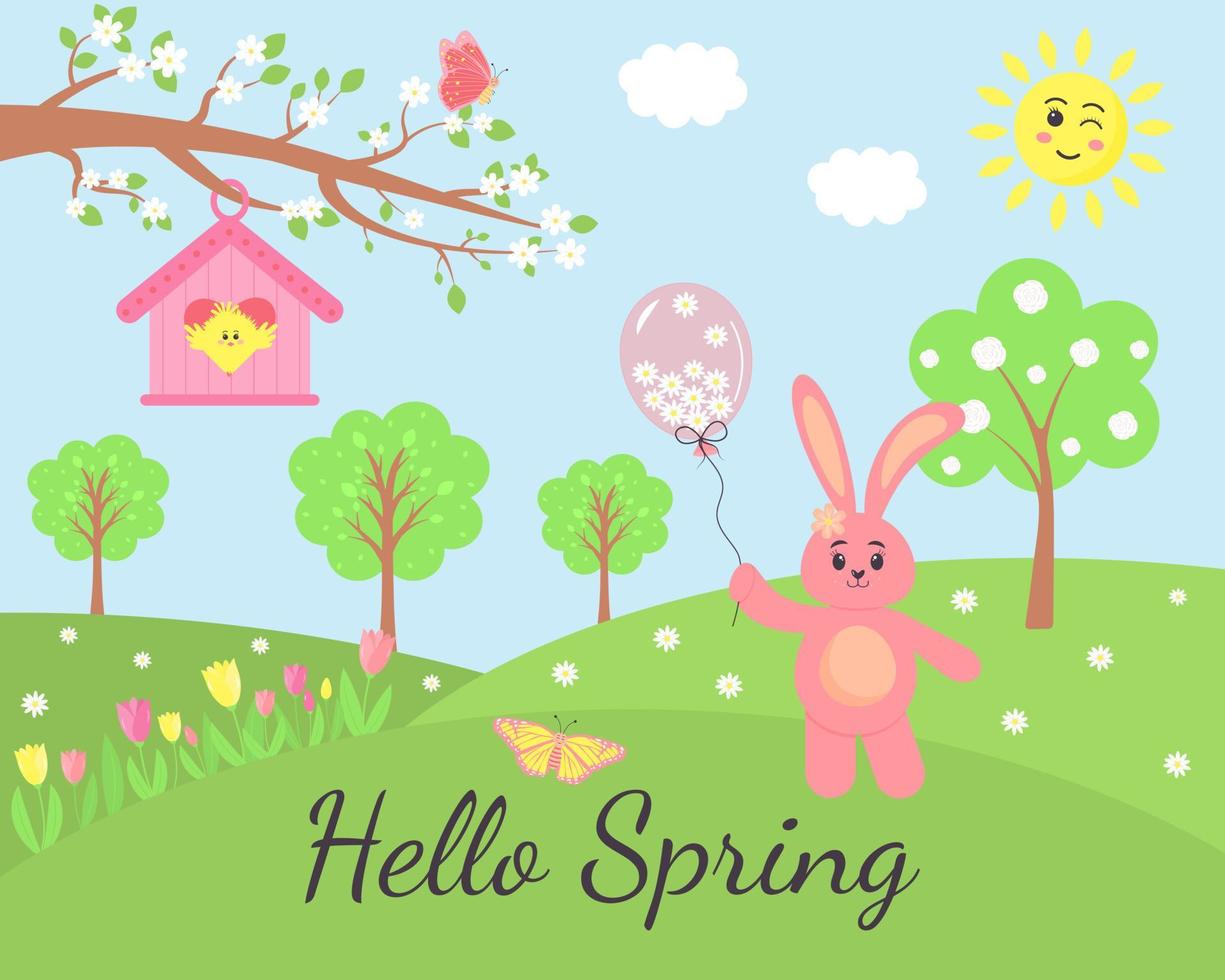 Spring landscape with pink bunny, birdhouse, chick, flowers and butterflies. Spring and Easter greeting card. Green meadow and cartoon animals. vector