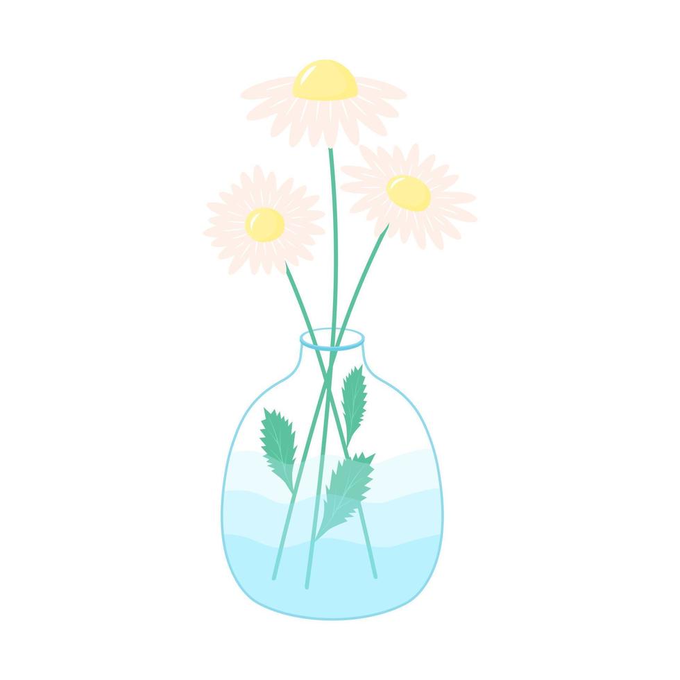 Daisy flowers in a transparent vase with water. Still life in pastel colors. vector