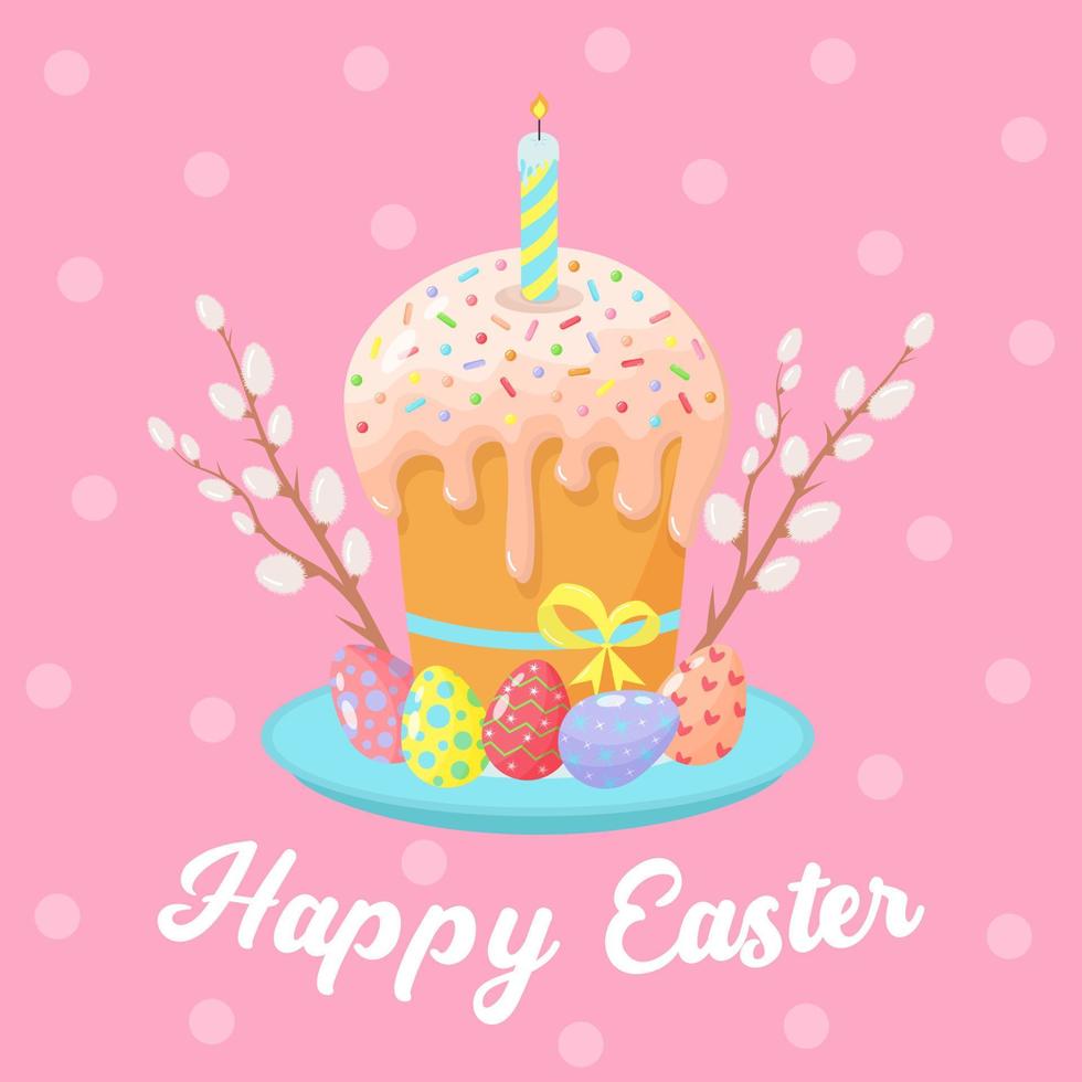 pastel de Pascua en un plato con velas, huevos coloridos y sauce. feliz tarjeta de felicitación de Pascua. vector