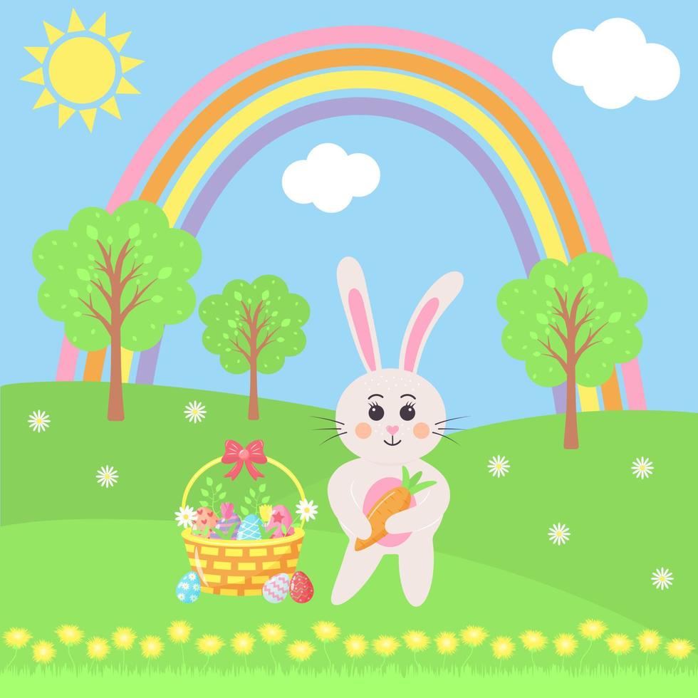 Easter bunny with basket of painted eggs on the meadow. Sunny spring landscape with rainbow, trees, dandelions and daisies. Happy Easter greeting card. vector