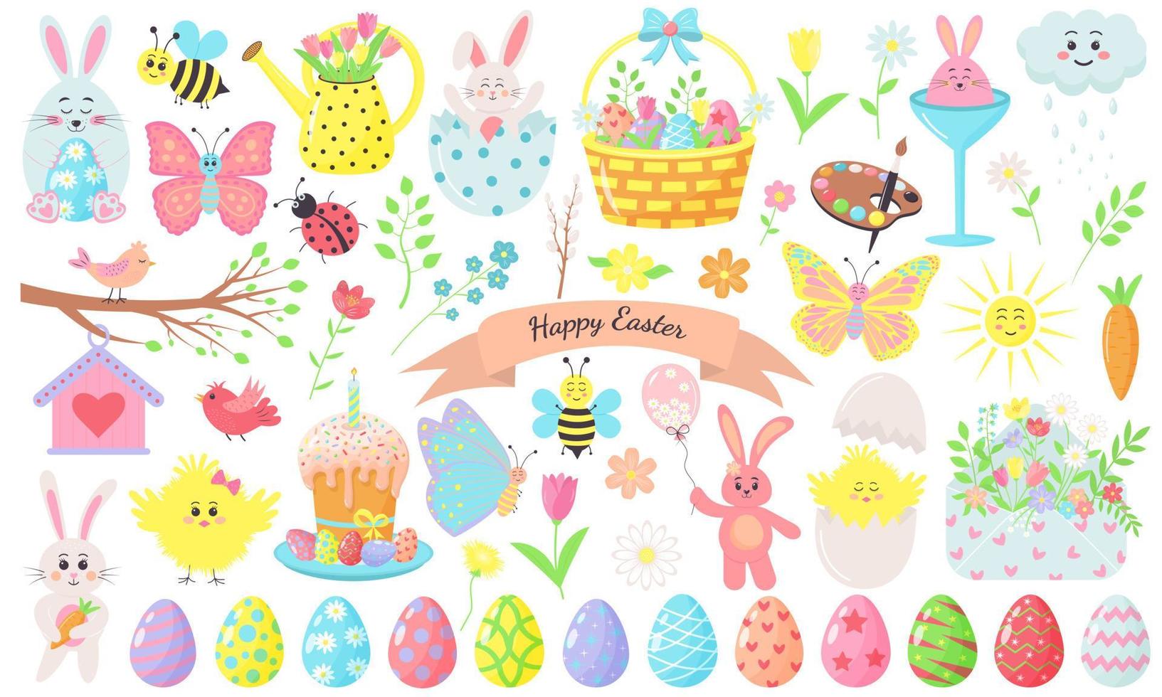 Set of Easter spring elements. Bunnies, chicks, eggs, flowers, butterflyes and other. Perfect for scrapbooking, greeting card, party invitation, poster, tag, sticker kit. vector