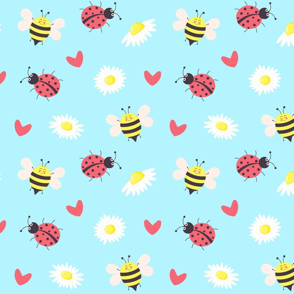 Cartoon ladybug, bee, daisies and hearts seamless pattern. Can be used for textile, background, book cover, packaging. vector