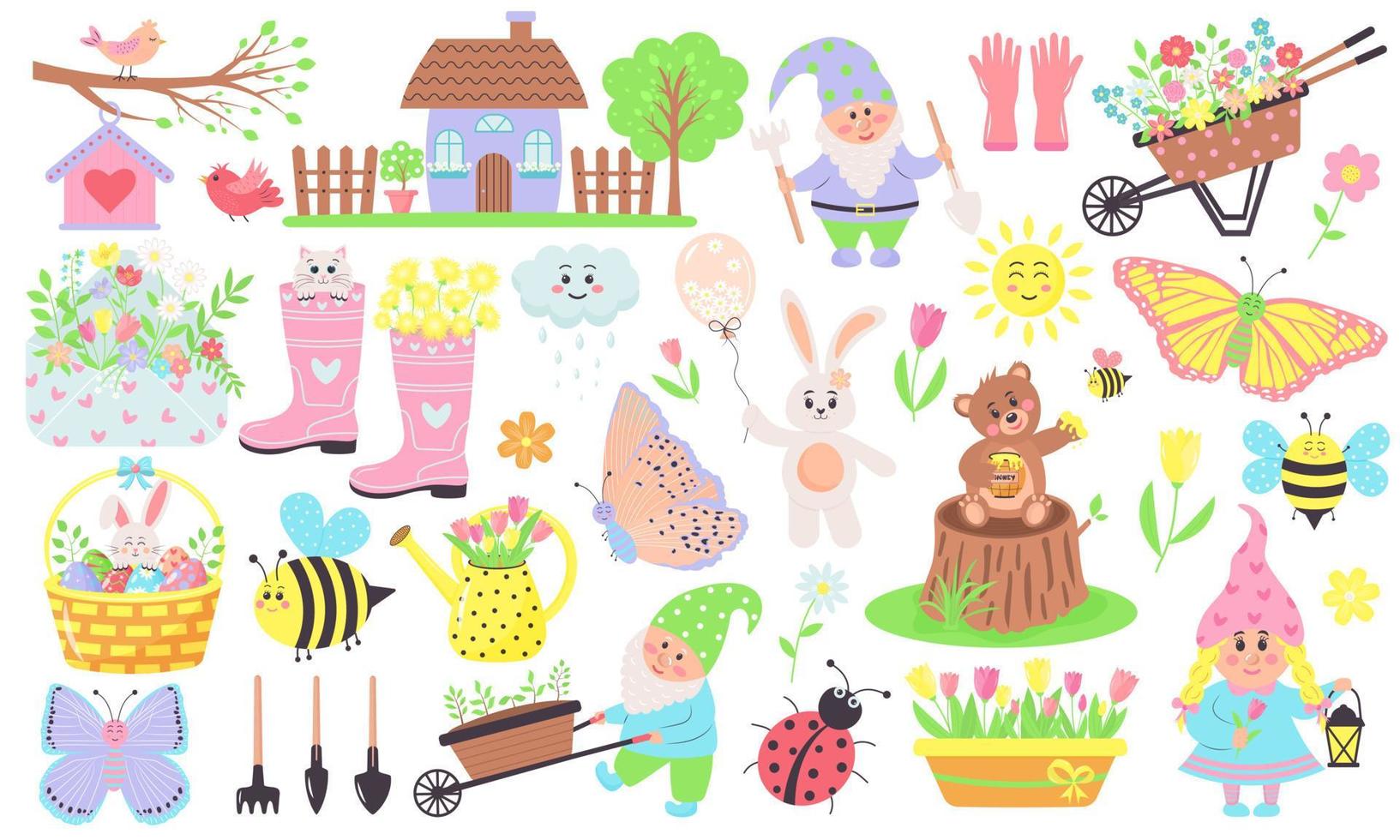 jardinería y conjunto primaveral de elementos como flores, gnomos, animales, pájaros, abejas, mariposas y otros. perfecto para scrapbooking, tarjeta de felicitación, web, afiche, portada, etiqueta, invitación, kit de pegatinas. vector