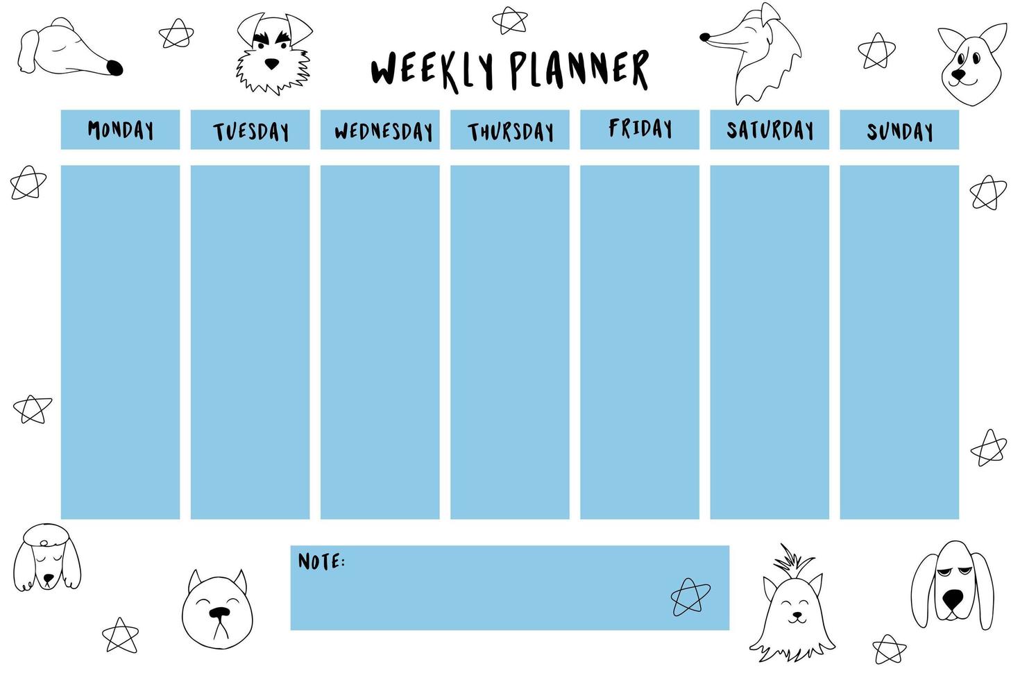 Weekly planner with cute outline dogs and stars in doodle cartoon style. Vector illustration for kids stationary, schedule, list, school timetable, extracurricular activities