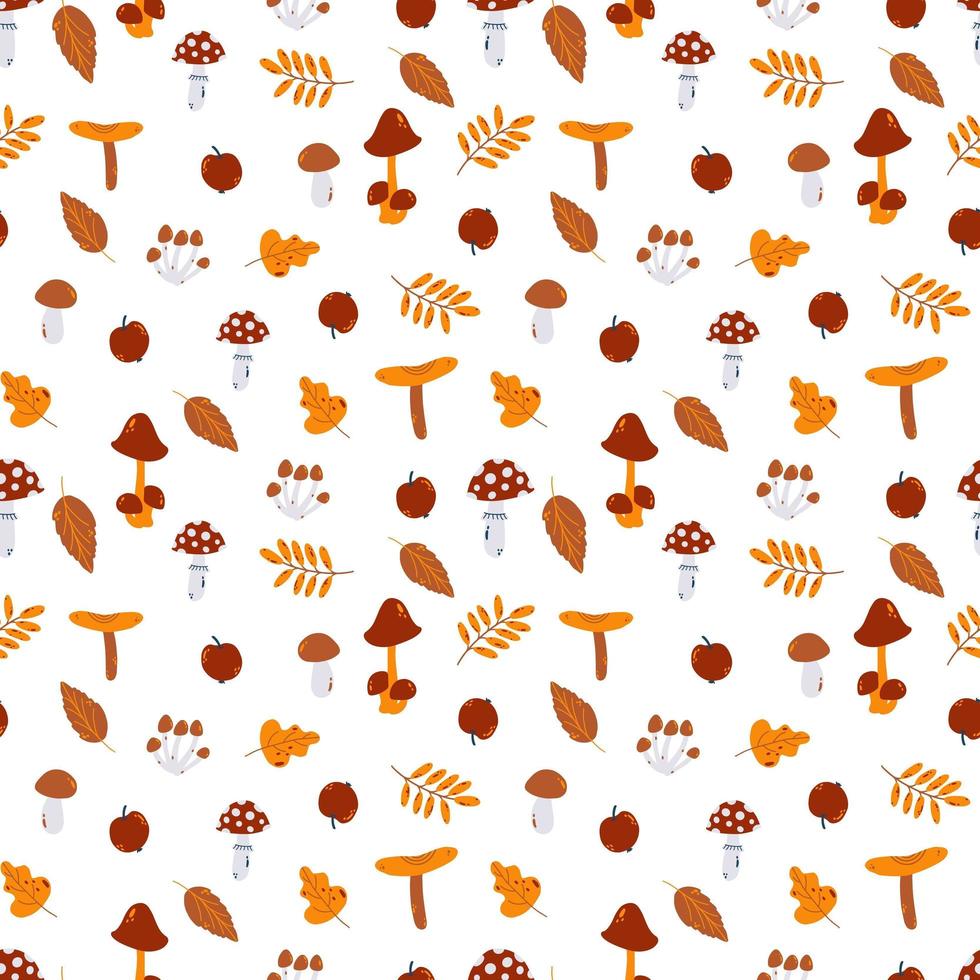 Vector autumn seamless pattern with mushrooms, fly agaric and leaves in hand drawn cartoon style isolated on white background for for baby apparel, textile design, wallpaper, card, scrapbooking