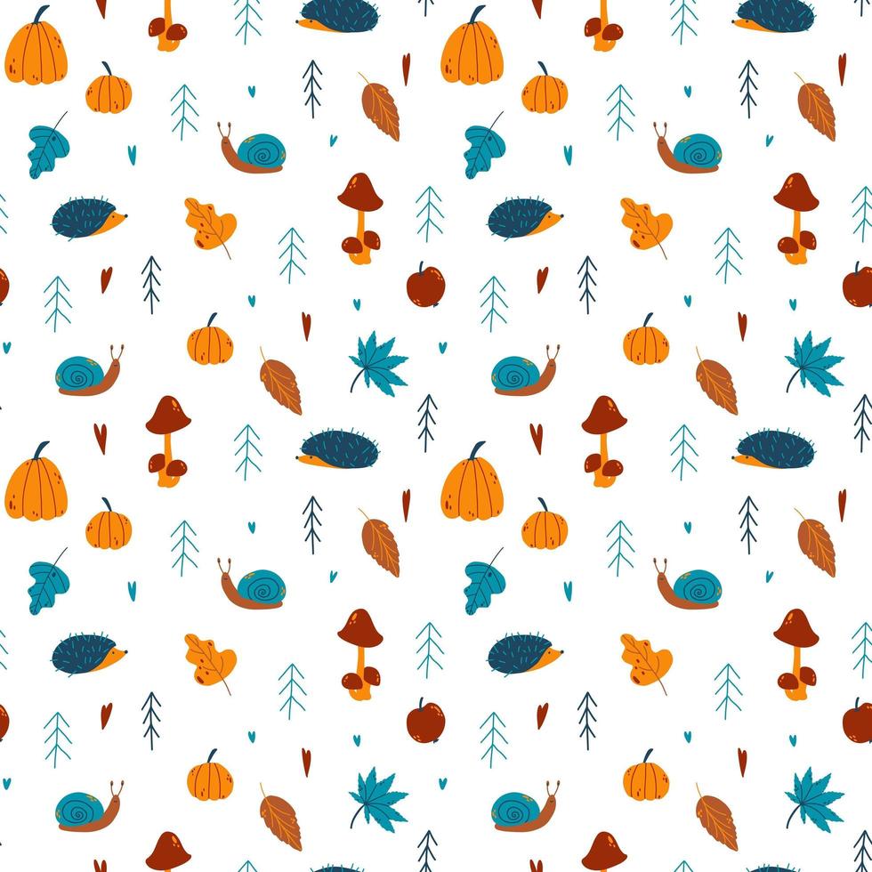 Vector autumn seamless pattern with pumpkin, rowan, spruce, acorn, mushrooms, hedgehog, leaves, snail, apple, rain, heart, fly agaric in hand drawn childish style for for baby apparel, textile design