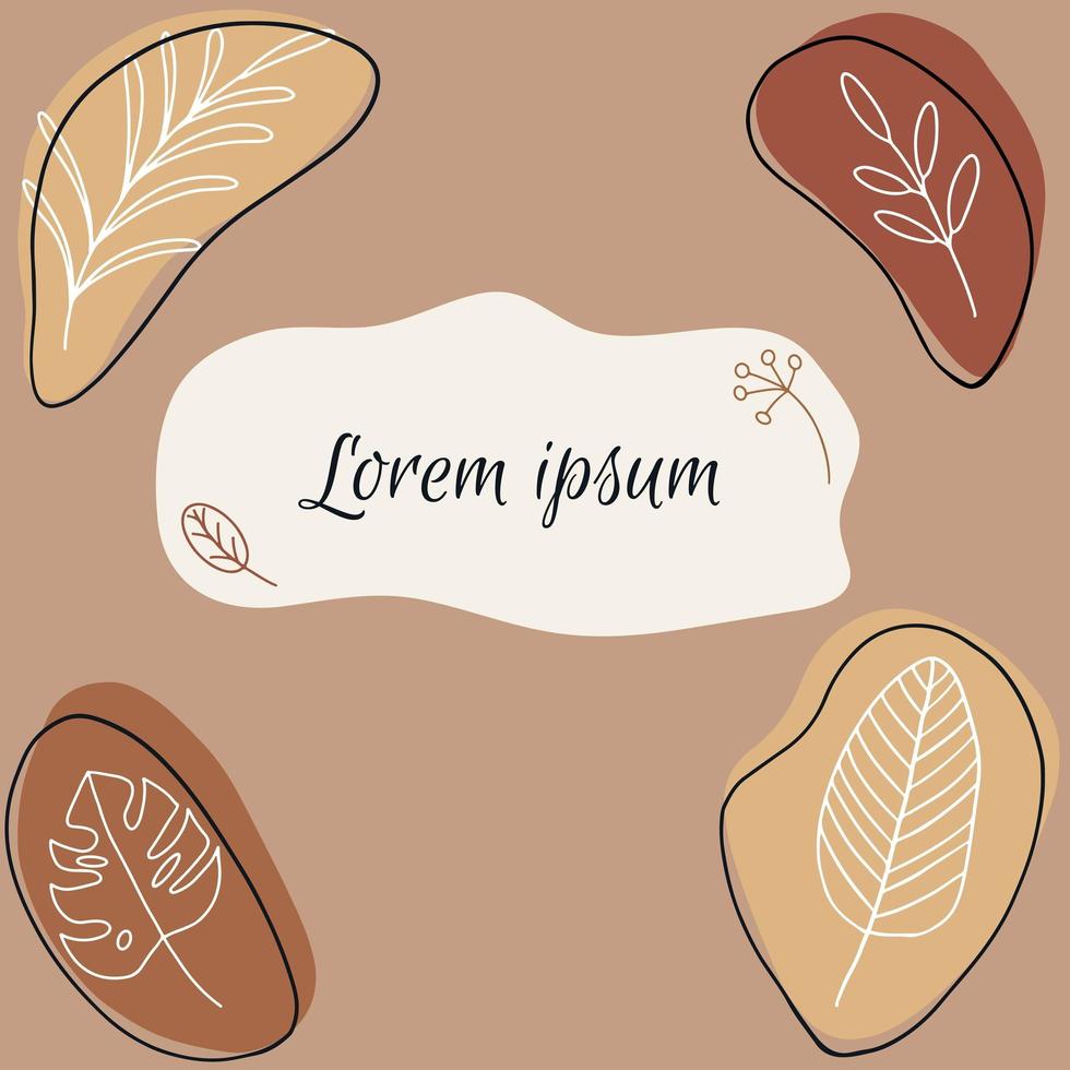 Vector card template design with floral white line art ink drawing and abstract spots in warm earthy colors