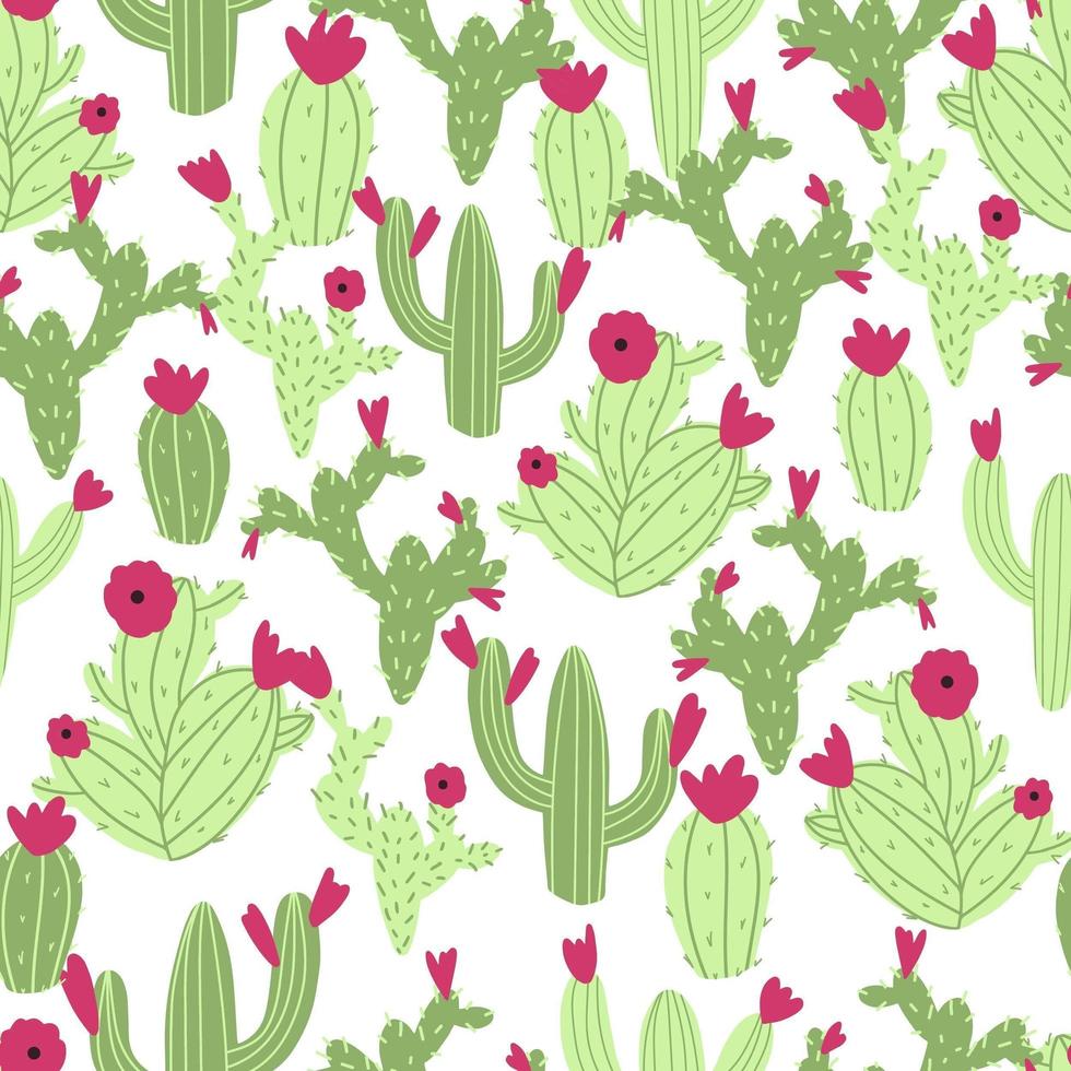 Vector seamless cactus pattern on white background. Cute childish illustration in cartoon flat style with colorful cacti and flowers