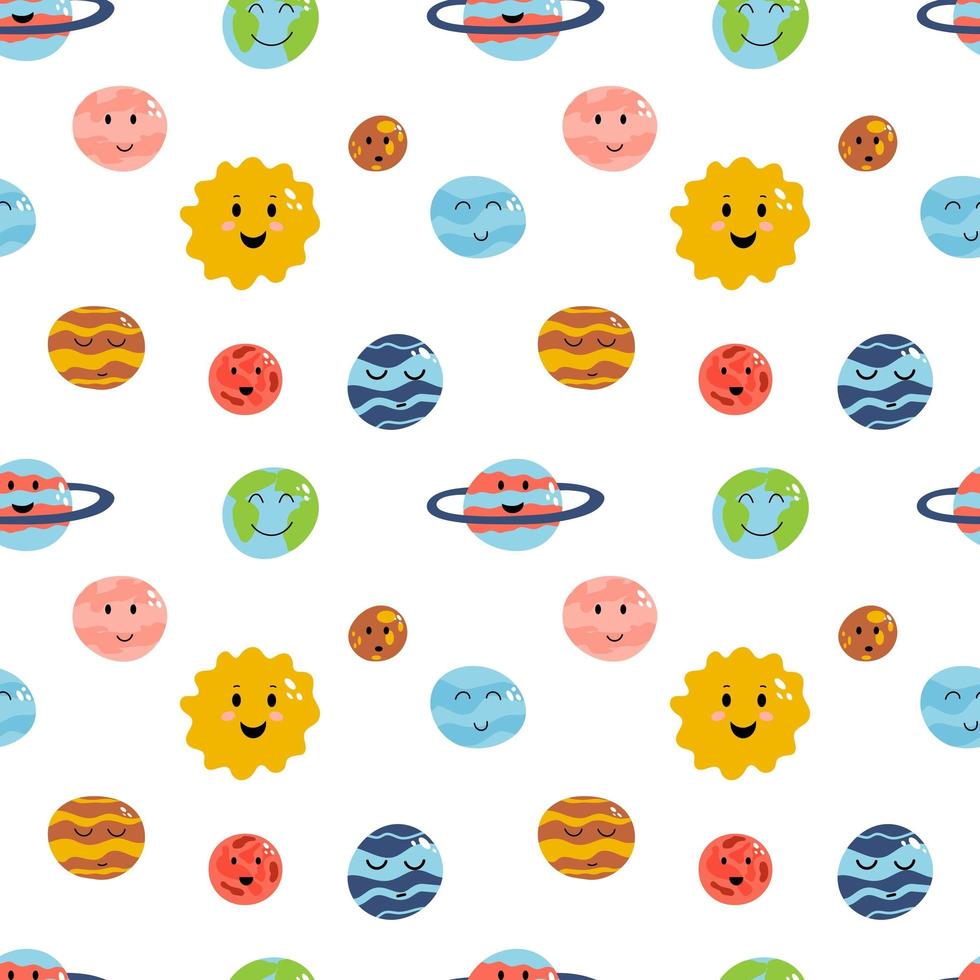 Space elements seamless pattern in cartoon flat childish style. Vector illustration of planets earth, venus, mercury, jupiter, saturn, mars, neptune, uranus, pluto for baby apparel, textile