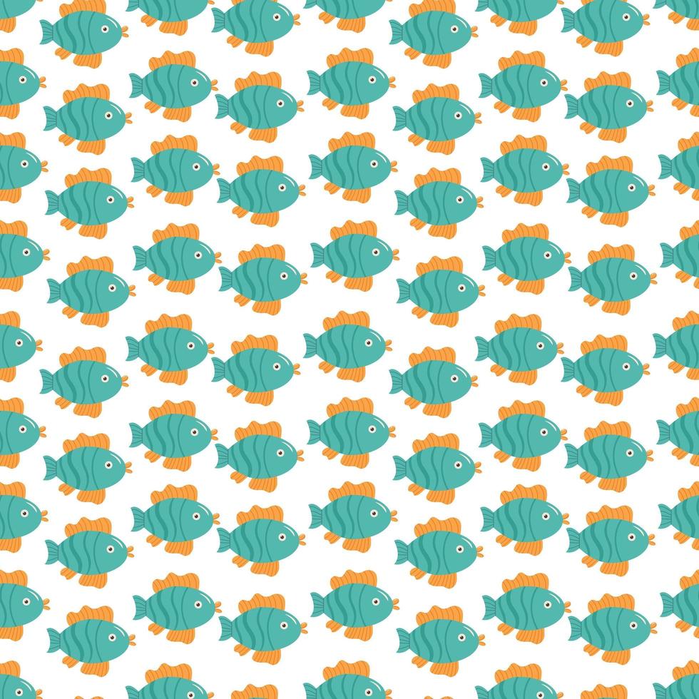 Seamless pattern of fish in cartoon childish style on white background. Vector illustration of marine background.