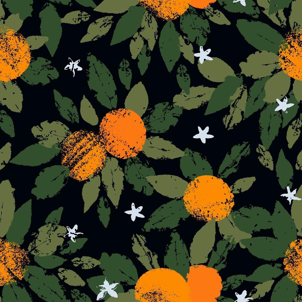 Hand drawn seamless pattern of orange fruit with leaves in the stamp technique. Vector illustration of textural citrus orange fruits in retro vintage style
