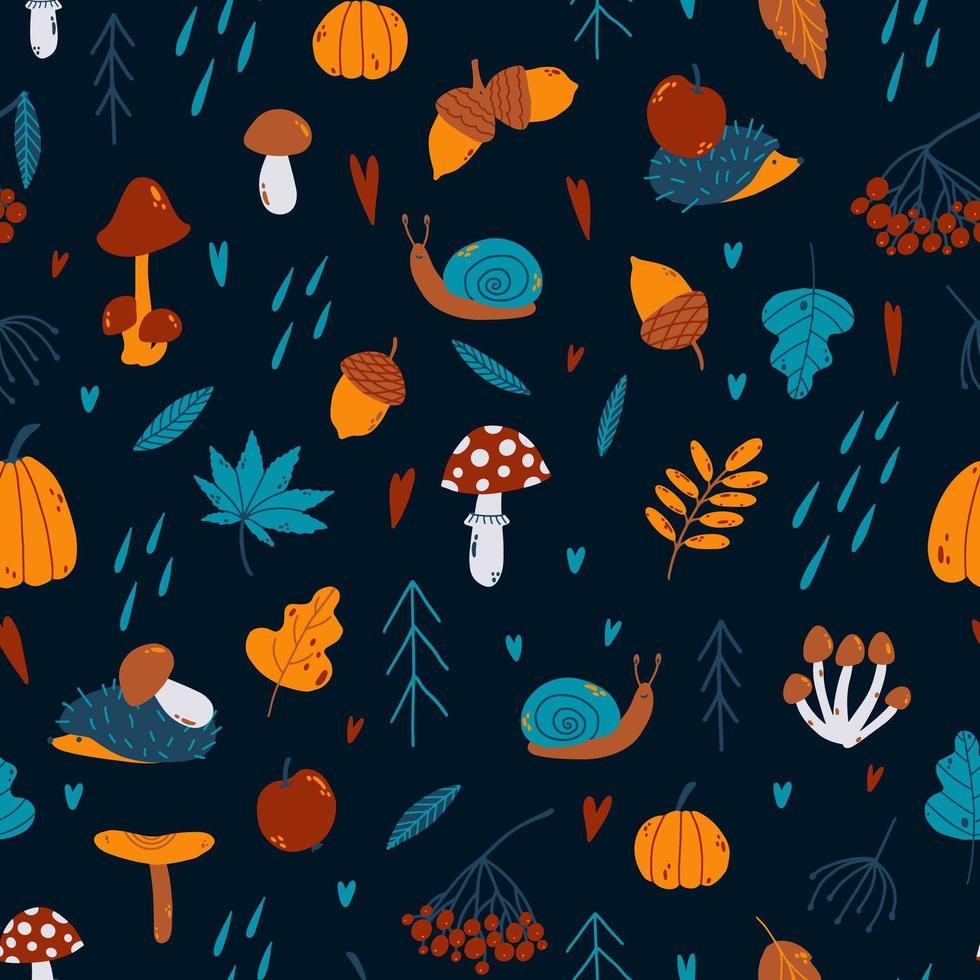 Vector autumn seamless pattern with pumpkin, rowan, spruce, acorn, mushrooms, hedgehog, leaves, snail, apple, rain, heart, fly agaric in hand drawn childish style. Fall illustration in blue and orange