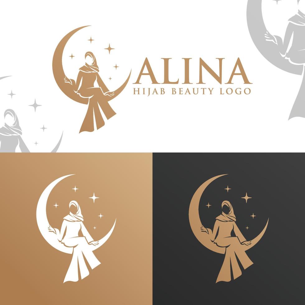 Woman in hijab sitting on crescent moon logo template vector