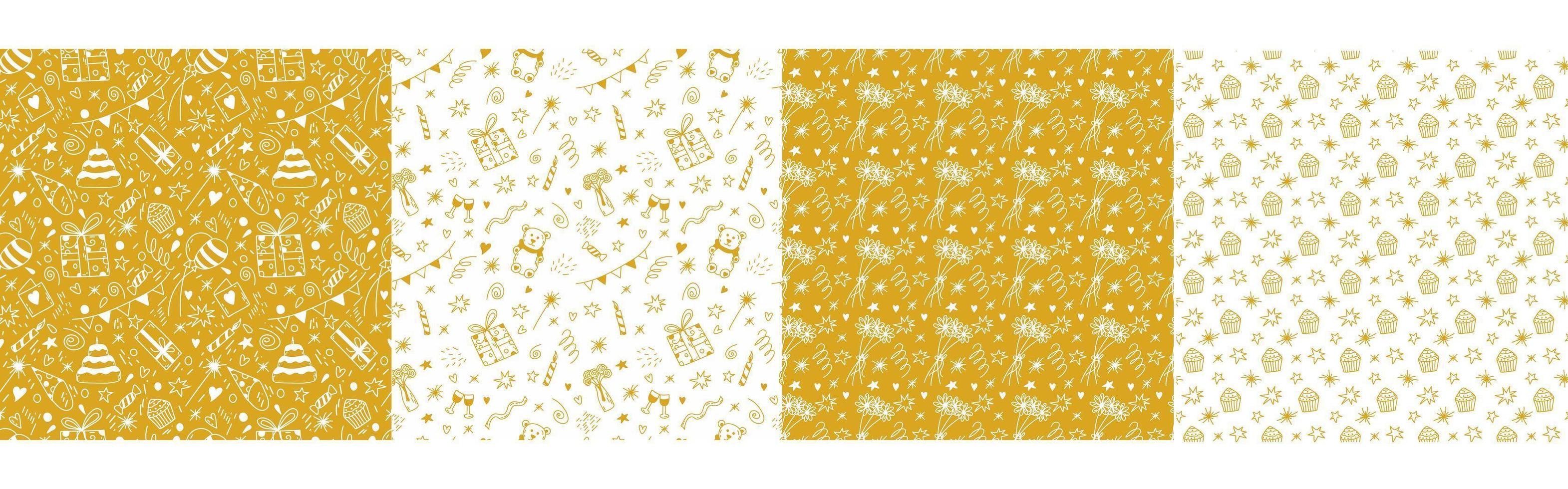 Set of birthday seamless patterns in vector. Hand drawn doodle background with gifts, cake, party flags, balloons, candle, confetti in gold color for decor, textile design, digital scrapbooking vector