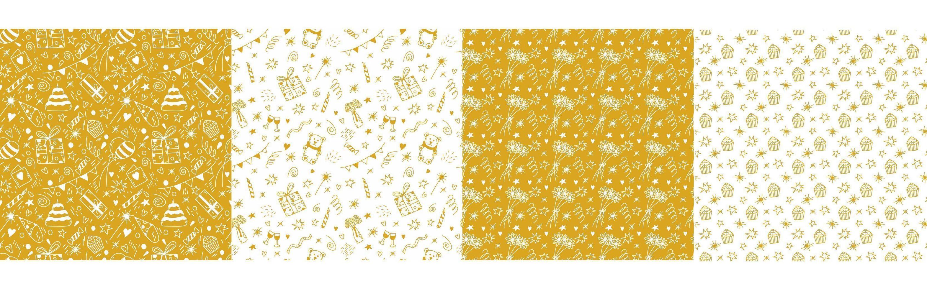 conjunto de patrones sin fisuras de cumpleaños en vector. fondo de garabato dibujado a mano con regalos, pastel, banderas de fiesta, globos, velas, confeti en color dorado para decoración, diseño textil, álbum de recortes digital vector