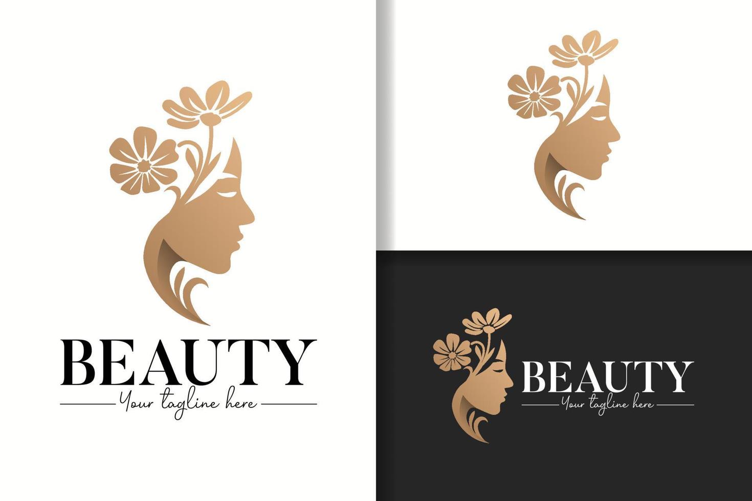 Feminine gold beauty woman head with flower hair logo template vector