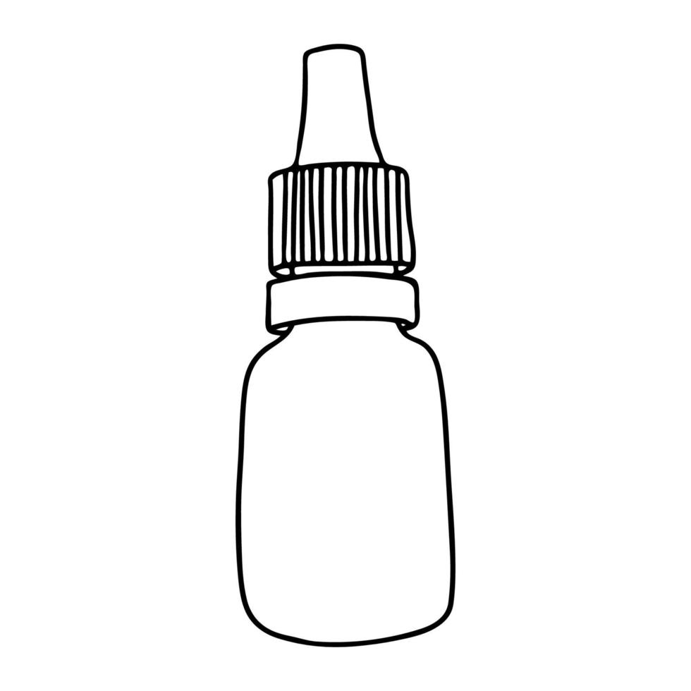 Bottle for drops in the style of Doodle.A small bottle with a lid.Black and white illustration.Monochrome.Hygiene and healthcare products.Vector illustration vector