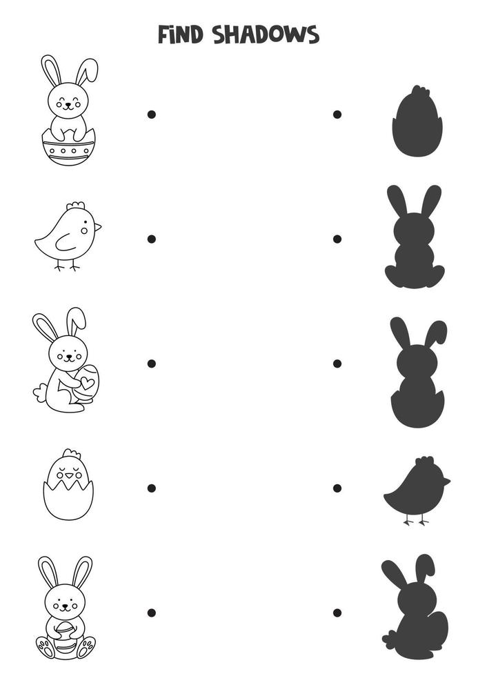 encuentra las sombras correctas de lindos conejitos de pascua y pollitos. rompecabezas lógico para niños. vector