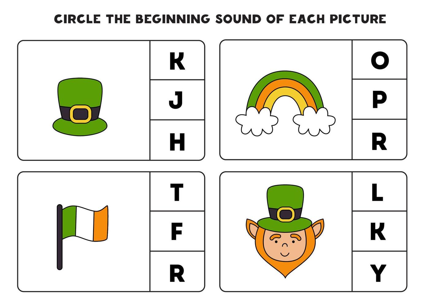 Worksheet for kids. Find the beginning sound. Saint Patrick day. vector