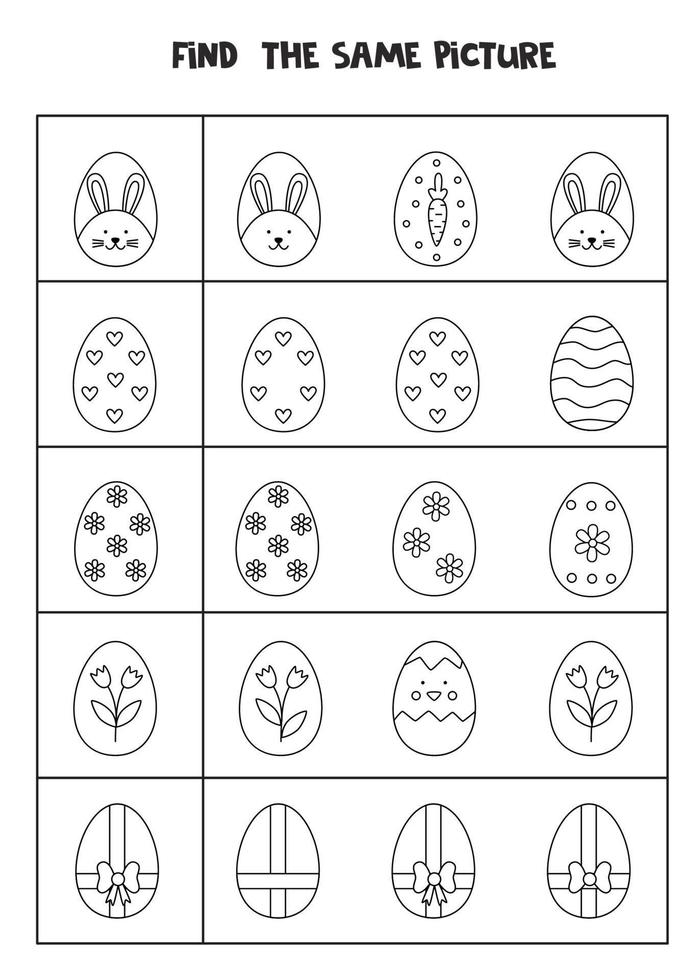 Find two the same cute pictures. Black and white worksheet. vector