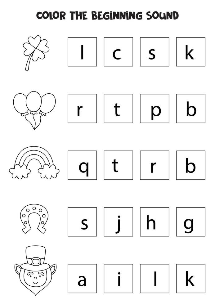 Learning English language for children. Color the beginning sound. vector