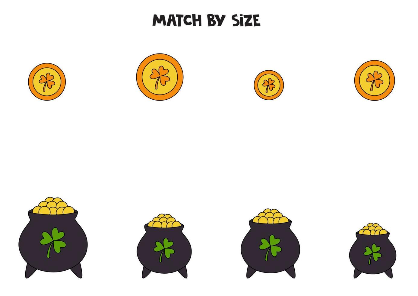 Matching game for preschool kids. Match coins and pots of gold by size. vector