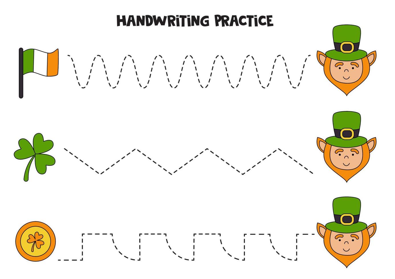 trazando líneas con lindos elementos del día de san patricio. Practica de la escritura. vector