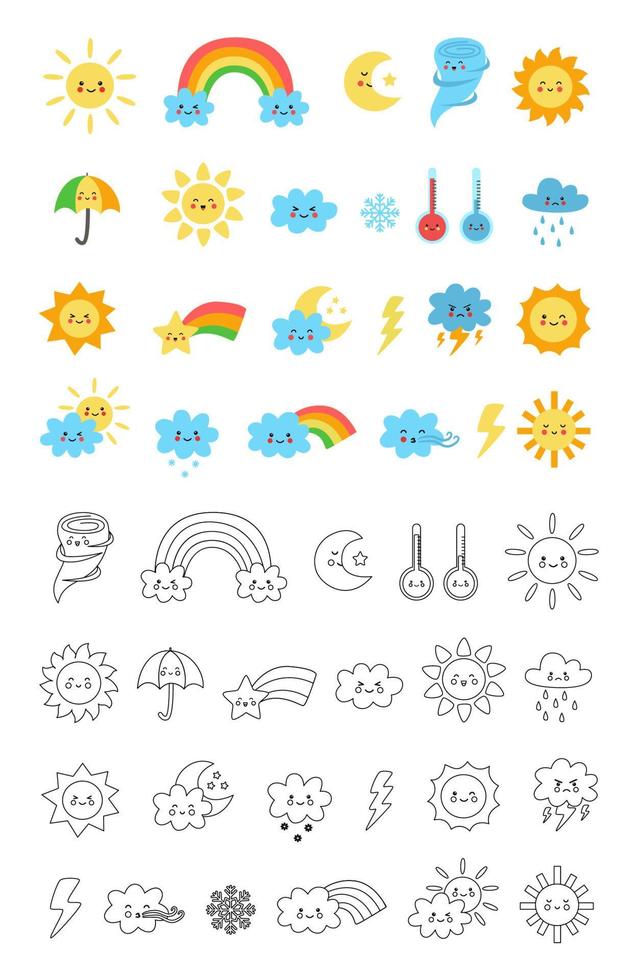 Set of cute black and white and colorful weather pictures. Coloring page for kids. vector
