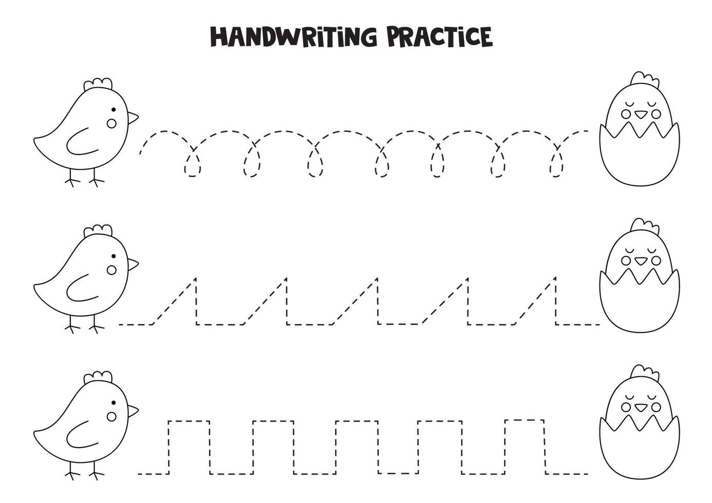 trazando líneas con lindos pollos de pascua. Práctica de escritura en blanco y negro. vector