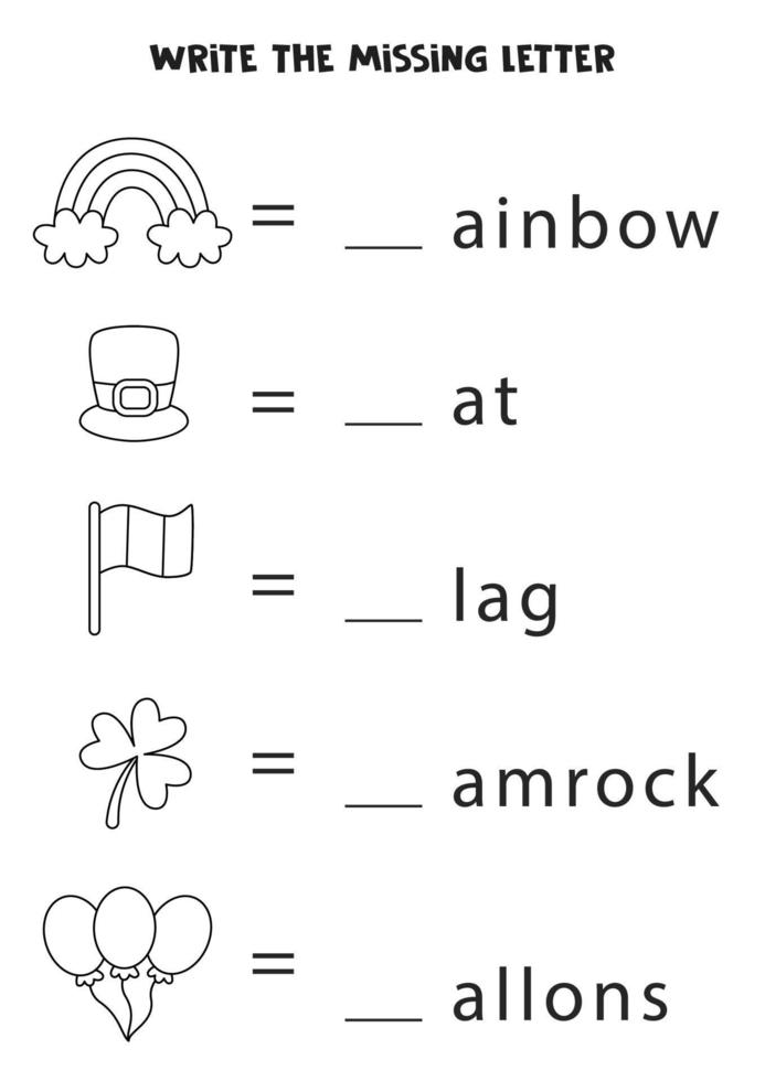Worksheet for kids. Write the missing letter. St Patrick day worksheet. vector