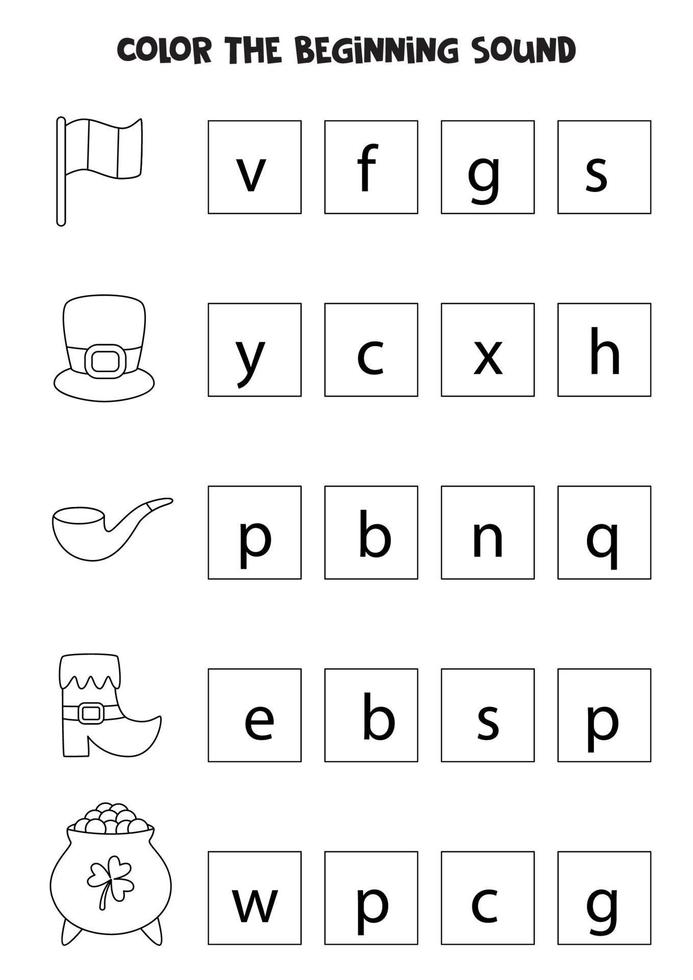 Learning English language for children. Color the beginning sound. vector