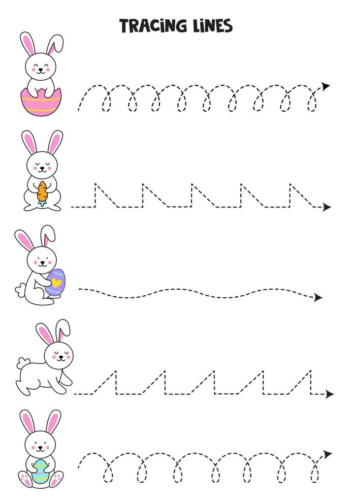 Tracing lines with cute Easter bunnies. Writing practice. vector