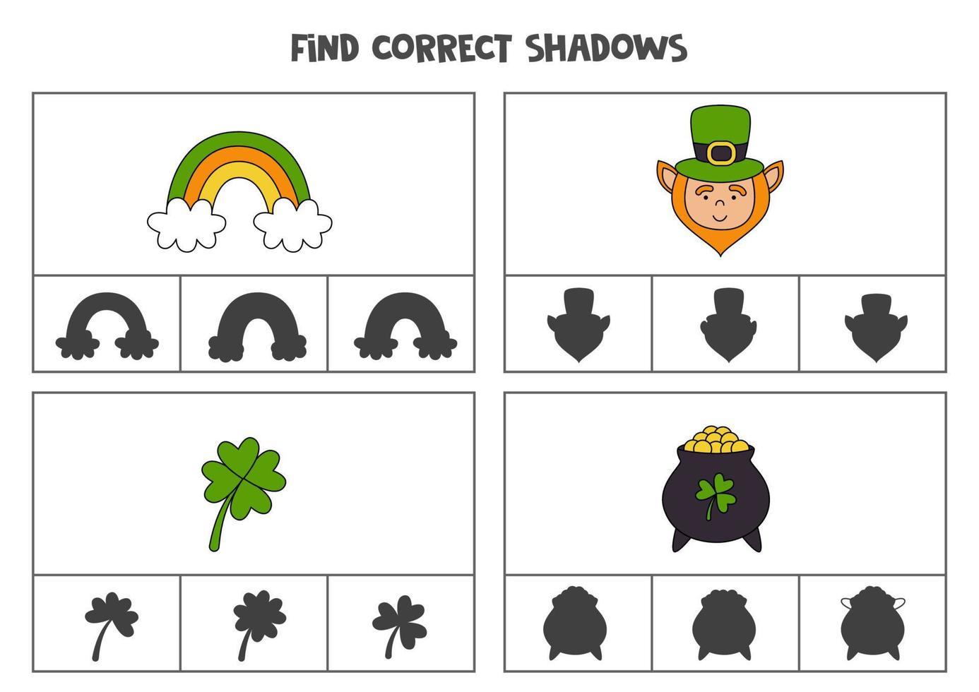 Find correct shadow of St Patrick day elements. Printable clip card games for children. vector